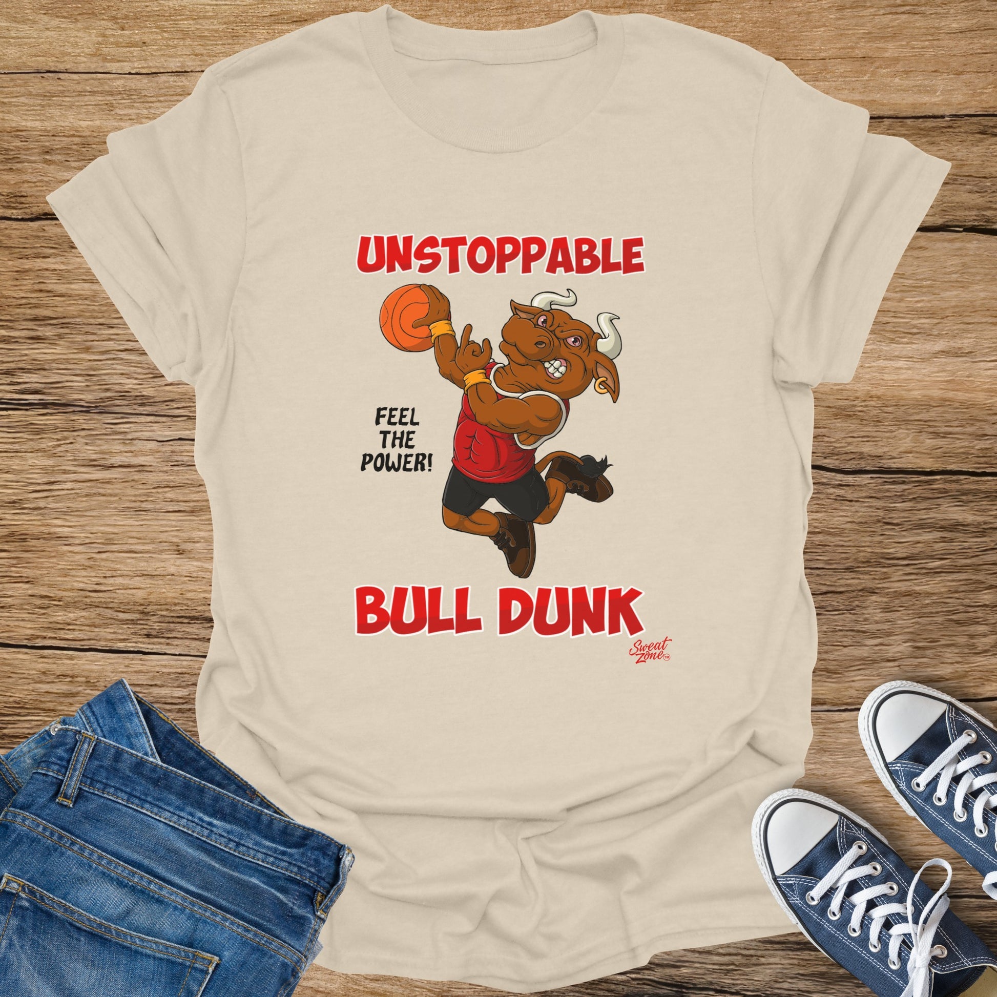 T-shirt with cartoon bull dunking basketball, text "Unstoppable" and "Bull Dunk".