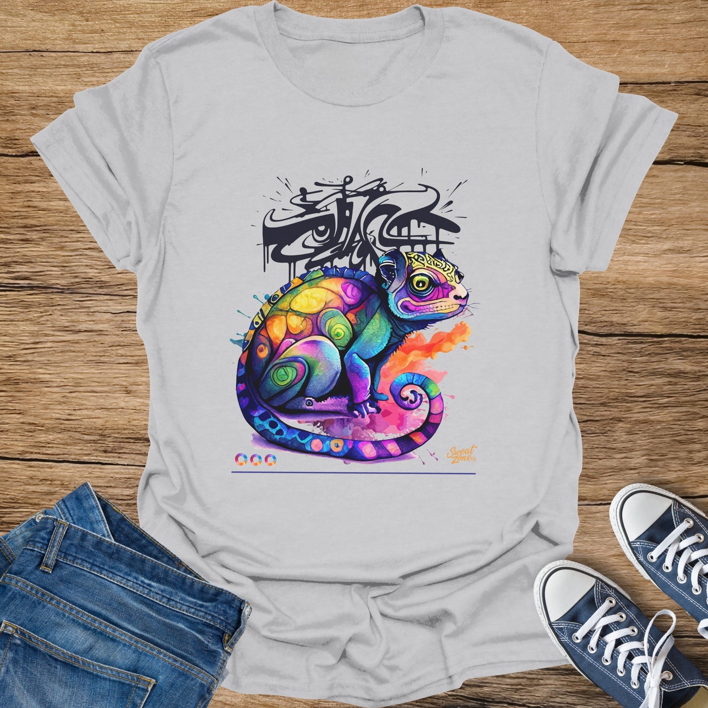 T-shirt with a colorful, stylized chameleon and graffiti art design.