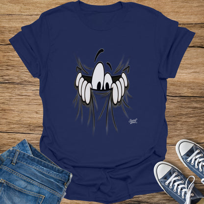 Navy t-shirt with cartoon eyes peeking through dark fabric and "Sweat Zone" logo.