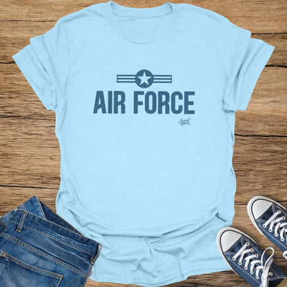 Light blue t-shirt reads "AIR FORCE" with a star insignia and small "Sweat Zone" text.
