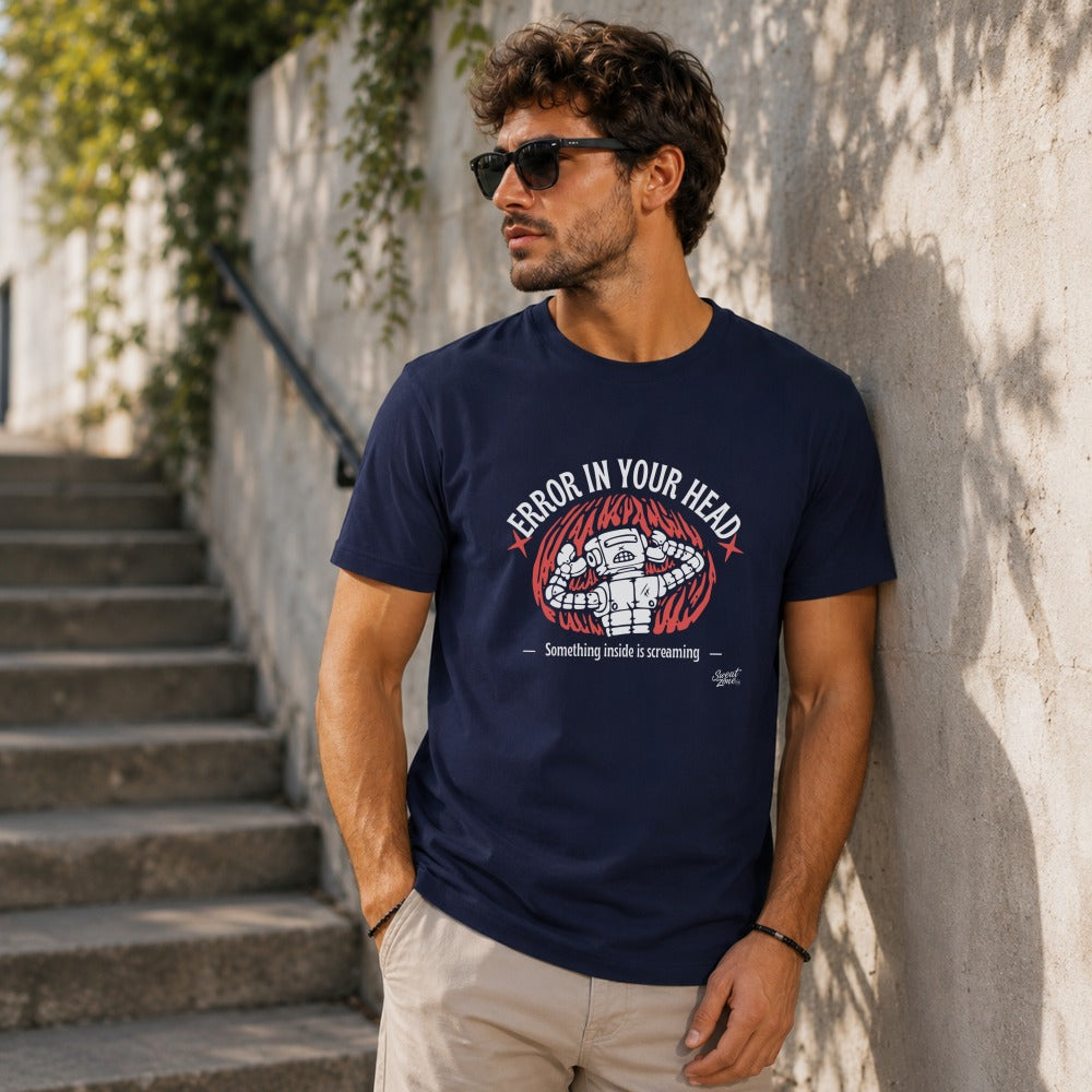 Navy t-shirt with "ERROR IN YOUR HEAD" graphic of a robot screaming.