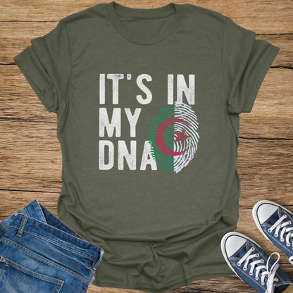 Green t-shirt with "IT'S IN MY DNA" and an Algerian flag fingerprint.