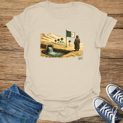 Algerian flag flies over oasis scene with man looking at waterfall.