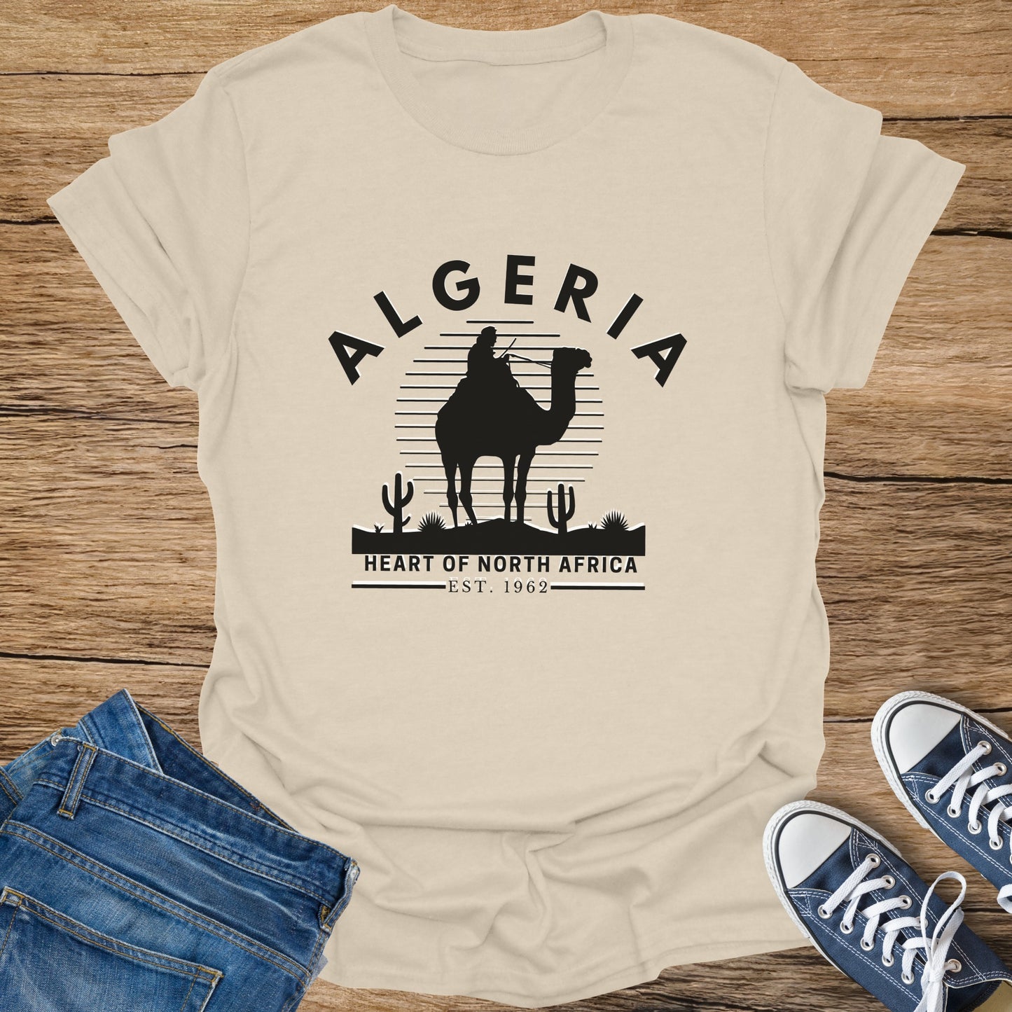 Algeria graphic t-shirt with camel and desert scene, EST. 1962.