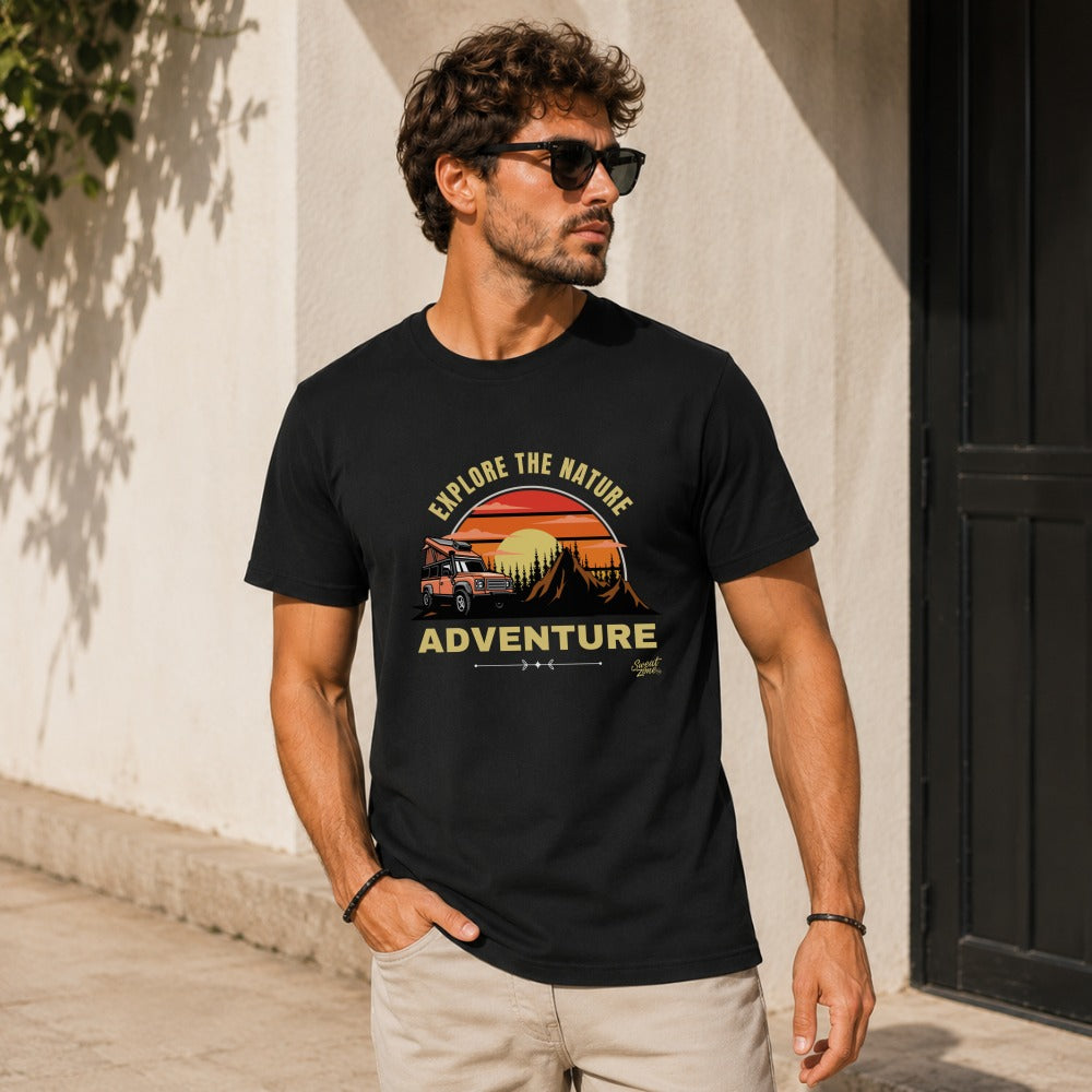 Black t-shirt with "Explore the Nature Adventure" graphic and sunset scene.