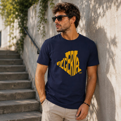 Man in navy t-shirt with yellow Algeria map design.