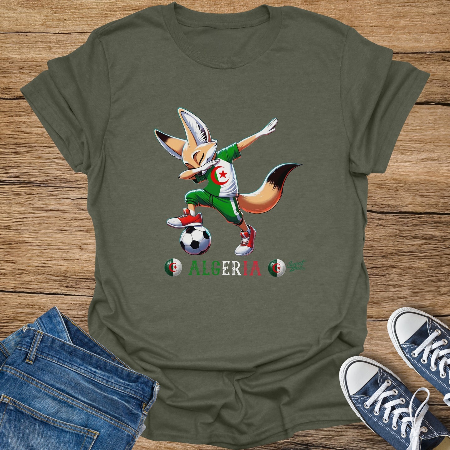 Cartoon fox dribbling a soccer ball, wearing an Algerian football jersey.