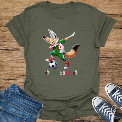 Cartoon fox dribbling a soccer ball, wearing an Algerian football jersey.