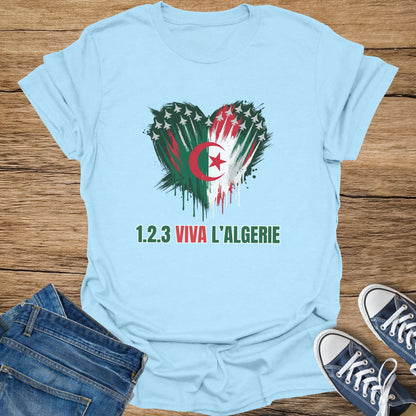 Light blue t-shirt with Algerian flag heart and "1.2.3 Viva L'Algerie" text.