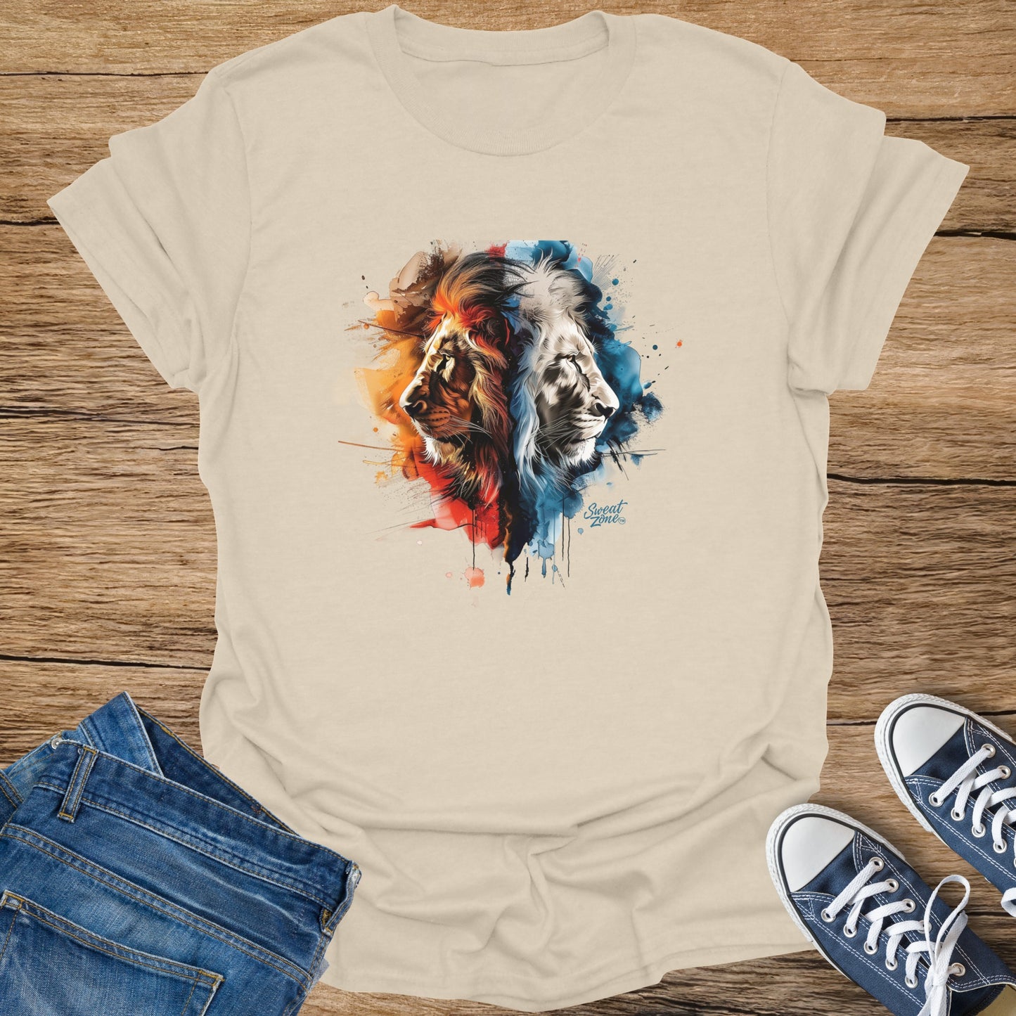 Lion head graphic with watercolor effect in orange and blue, "Sweat Zone" text.
