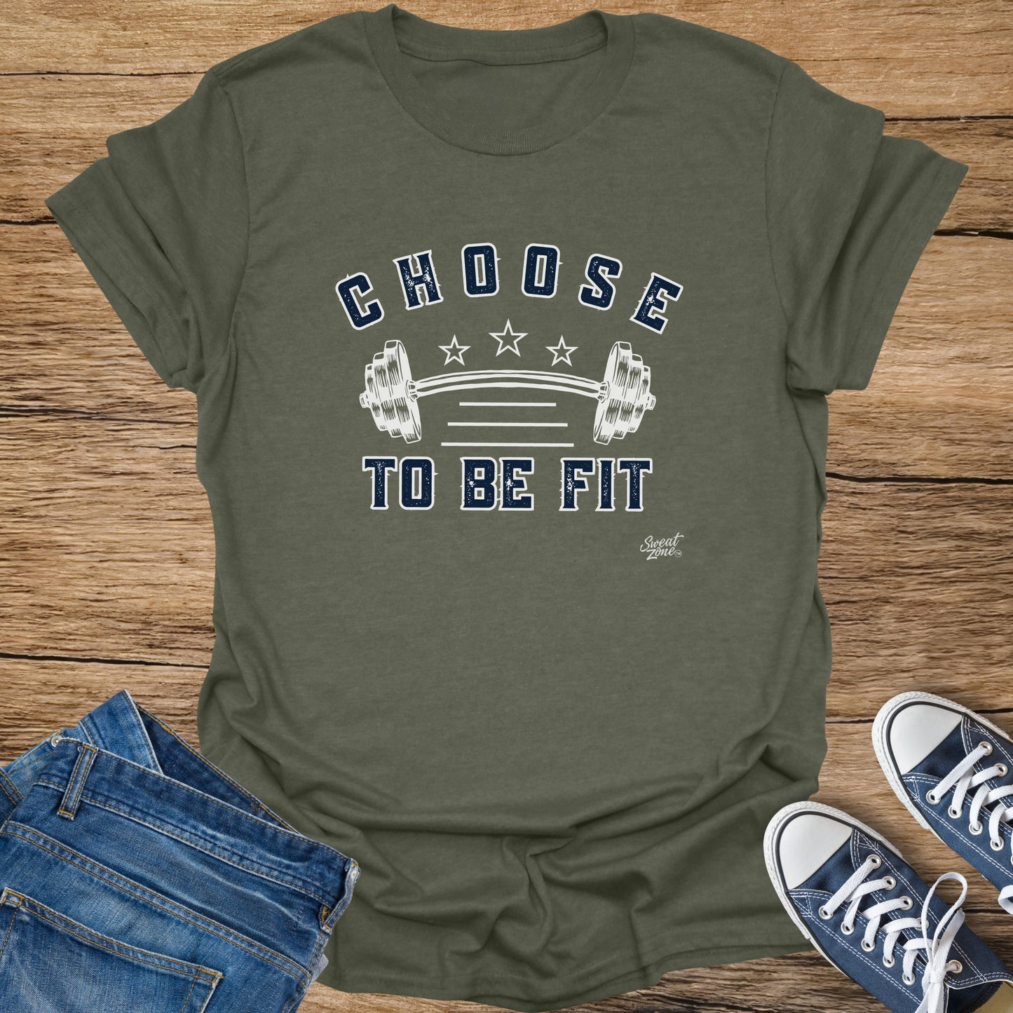 Olive green t-shirt with "CHOOSE TO BE FIT" and a barbell graphic.