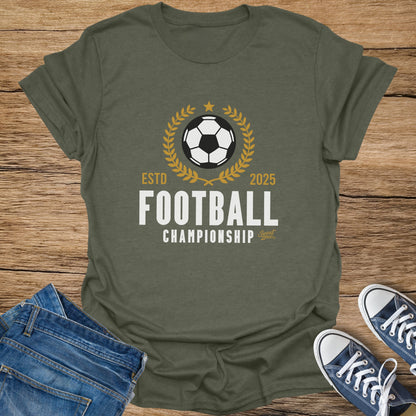 Green t-shirt with "Football Championship" text and soccer ball graphic.