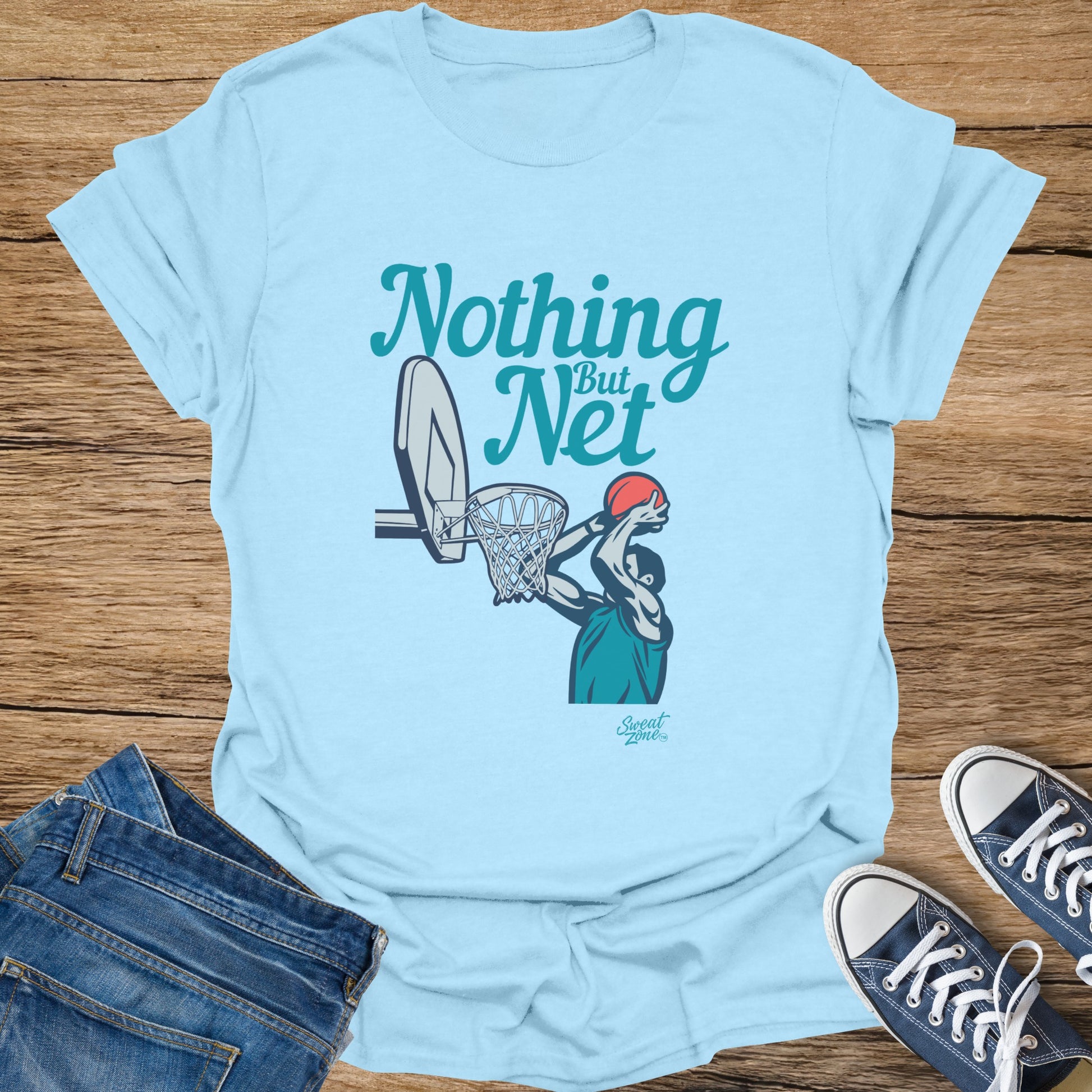Light blue T-shirt with "Nothing But Net" and a basketball player.