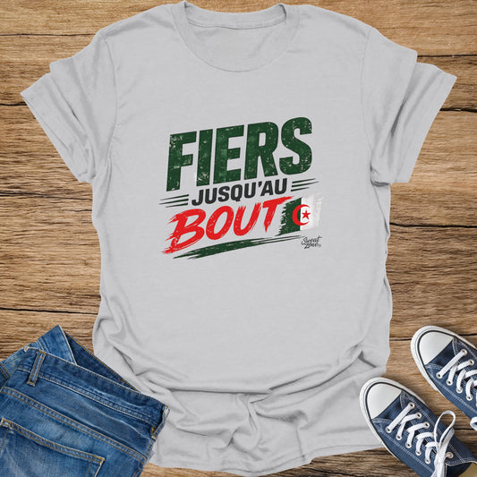 Grey t-shirt with "Fiers jusqu'au bout" text and Algerian flag detail.