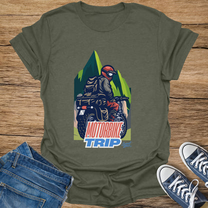 Graphic of a motorcyclist on a motorbike with "MOTORBIKE TRIP" text.