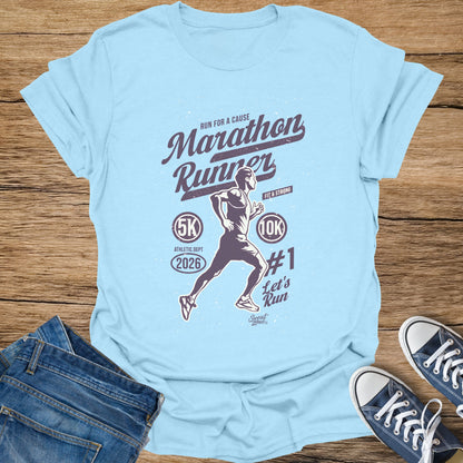 Light blue t-shirt with "Marathon Runner" graphic, depicting a runner with 5K and 10K markers.