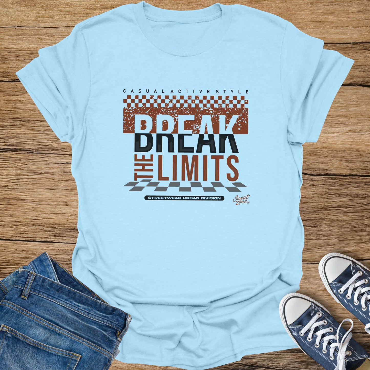 Light blue t-shirt with text "BREAK THE LIMITS" and "STREETWEAR URBAN DIVISION"