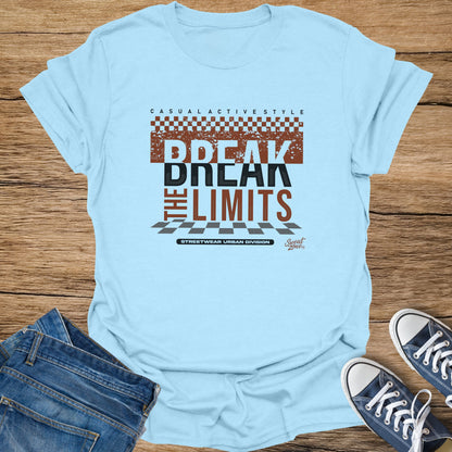 Light blue t-shirt with text "BREAK THE LIMITS" and "STREETWEAR URBAN DIVISION"