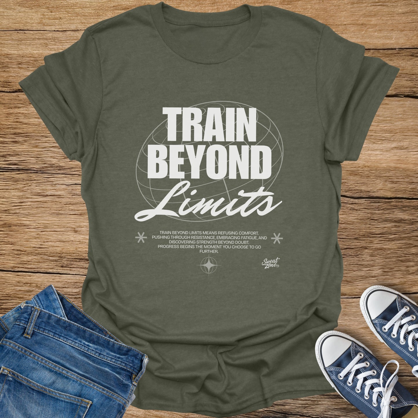 Olive green t-shirt with "TRAIN BEYOND Limits" text and motivational quote.