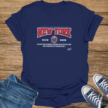 Navy t-shirt with "New York" graphic and quote about New York City summers.