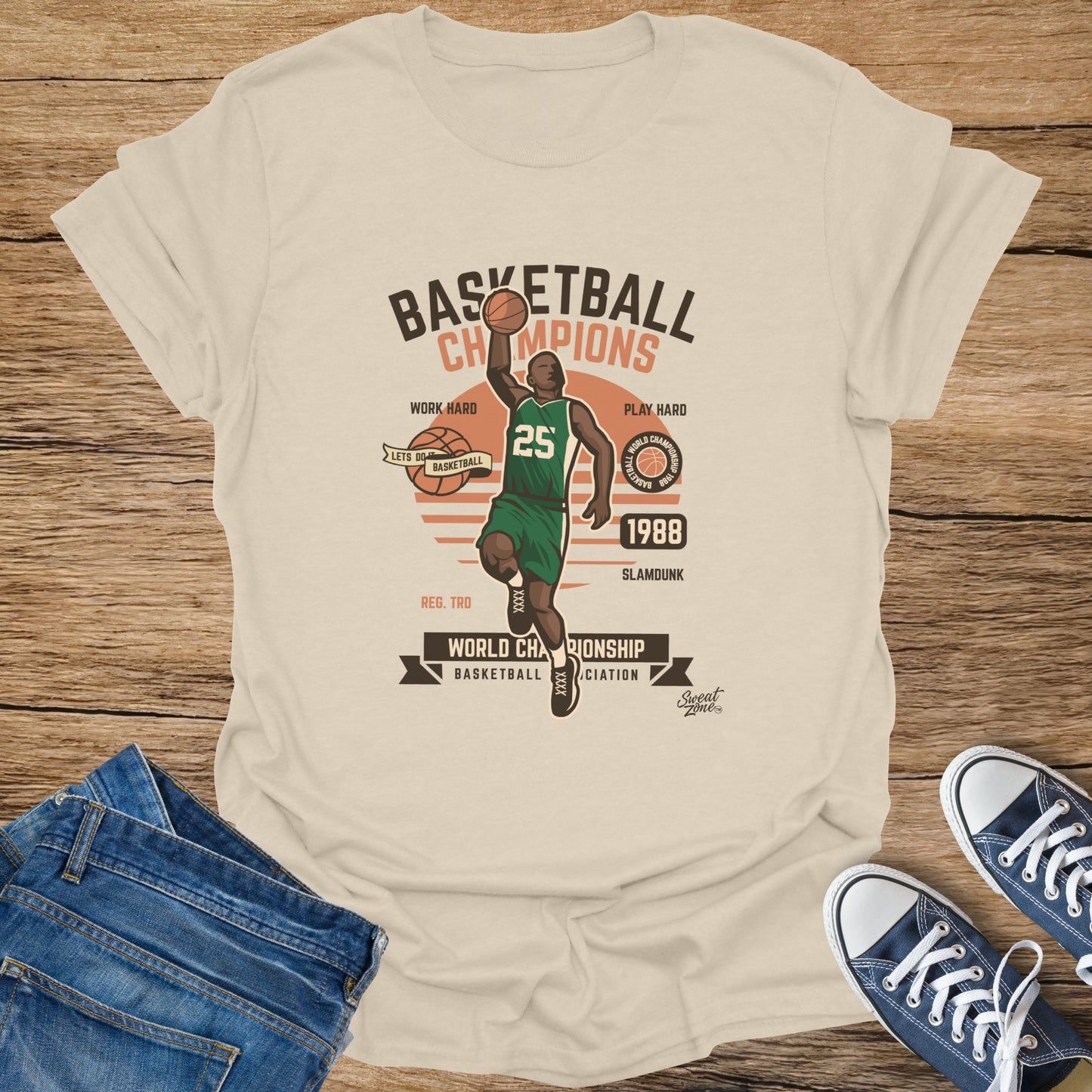 Basketball Champions shirt with a player dunking and the year 1988.