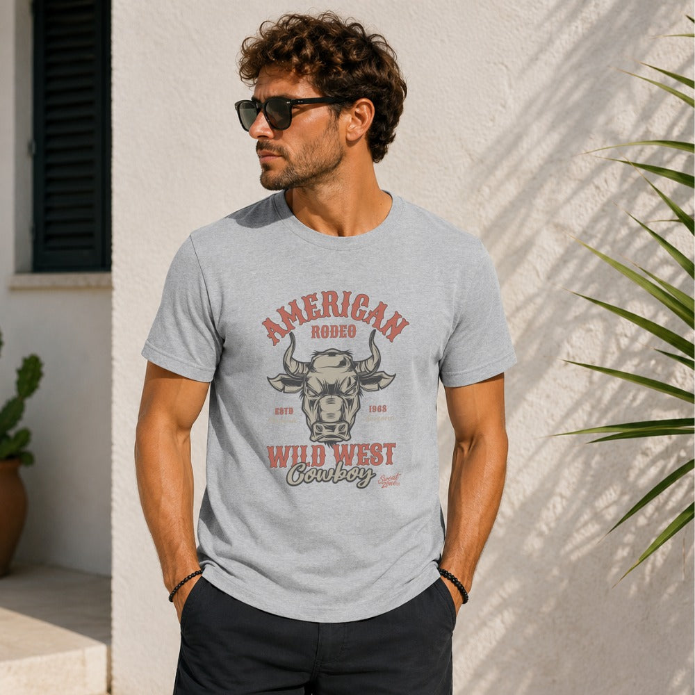 Gray t-shirt with "American Rodeo Wild West Cowboy" text and bull graphic.