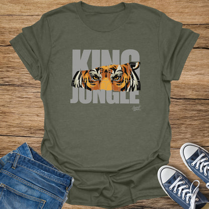 Olive t-shirt with "KING JUNGLE" text and a tiger's eyes.