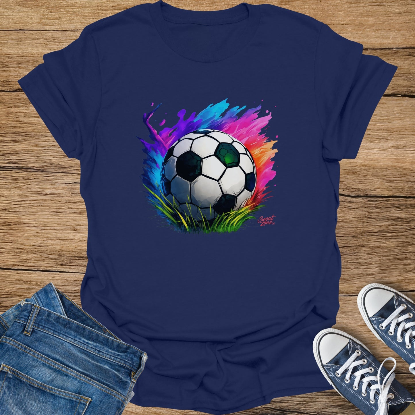 Navy t-shirt with a watercolor soccer ball and vibrant paint splash design.