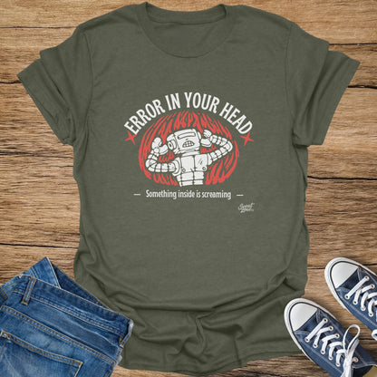Green t-shirt with text "ERROR IN YOUR HEAD" and a robot graphic.