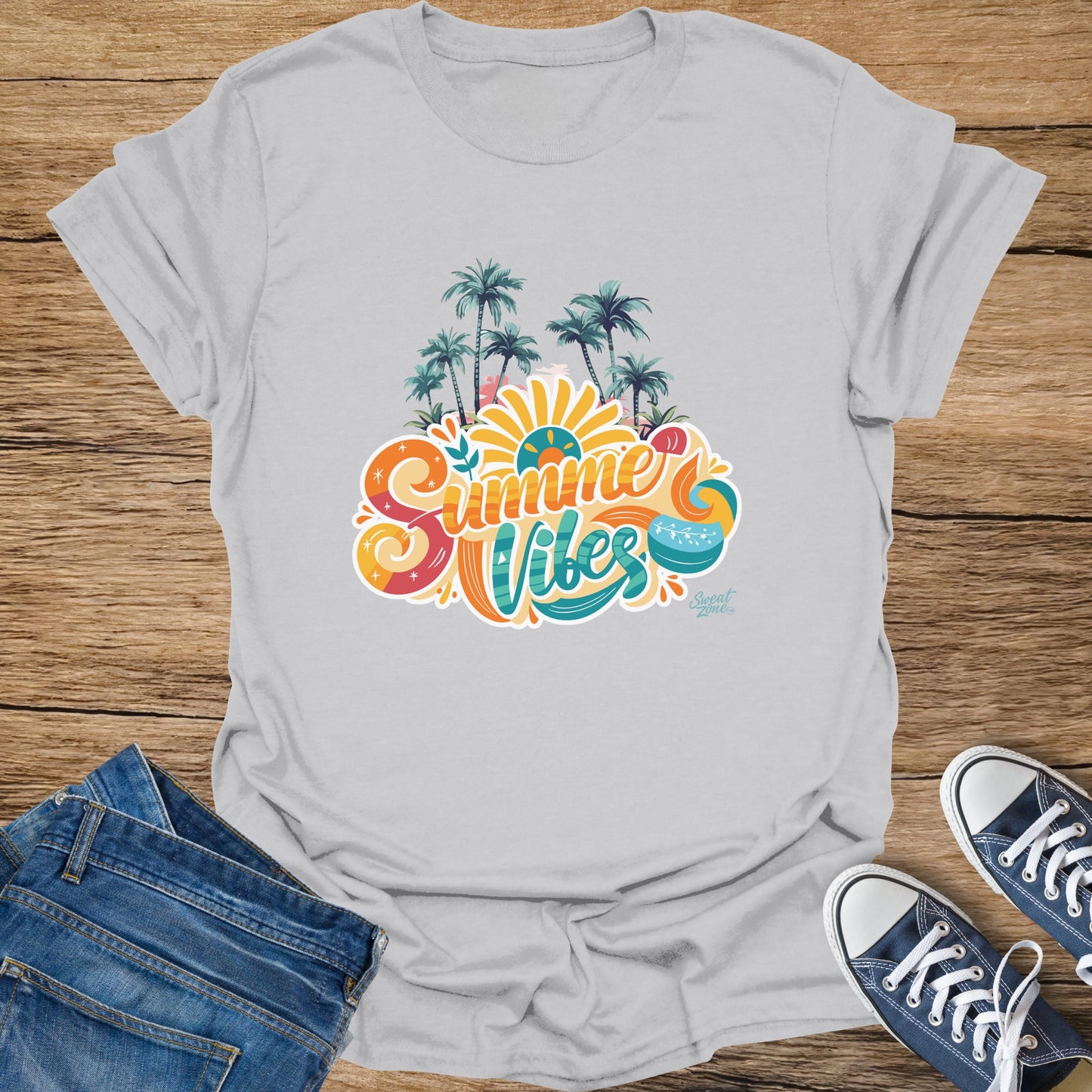 Grey t-shirt with "Summer Vibes" text, palm trees, and sun graphic.