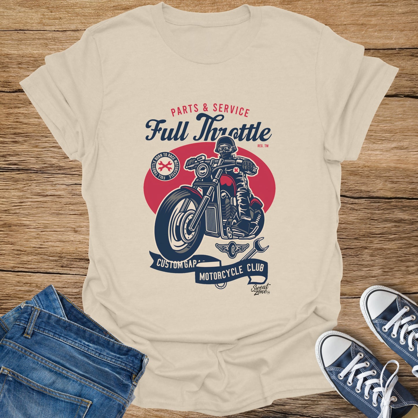 Full Throttle motorcycle club graphic tee with "Parts & Service" text.