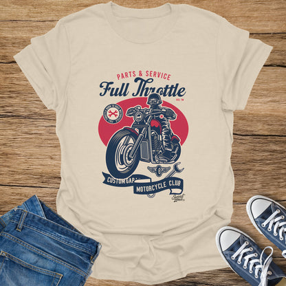 Full Throttle motorcycle club graphic tee with "Parts & Service" text.