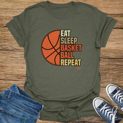 Olive t-shirt with "Eat Sleep Basketball Repeat" text and basketball graphic.