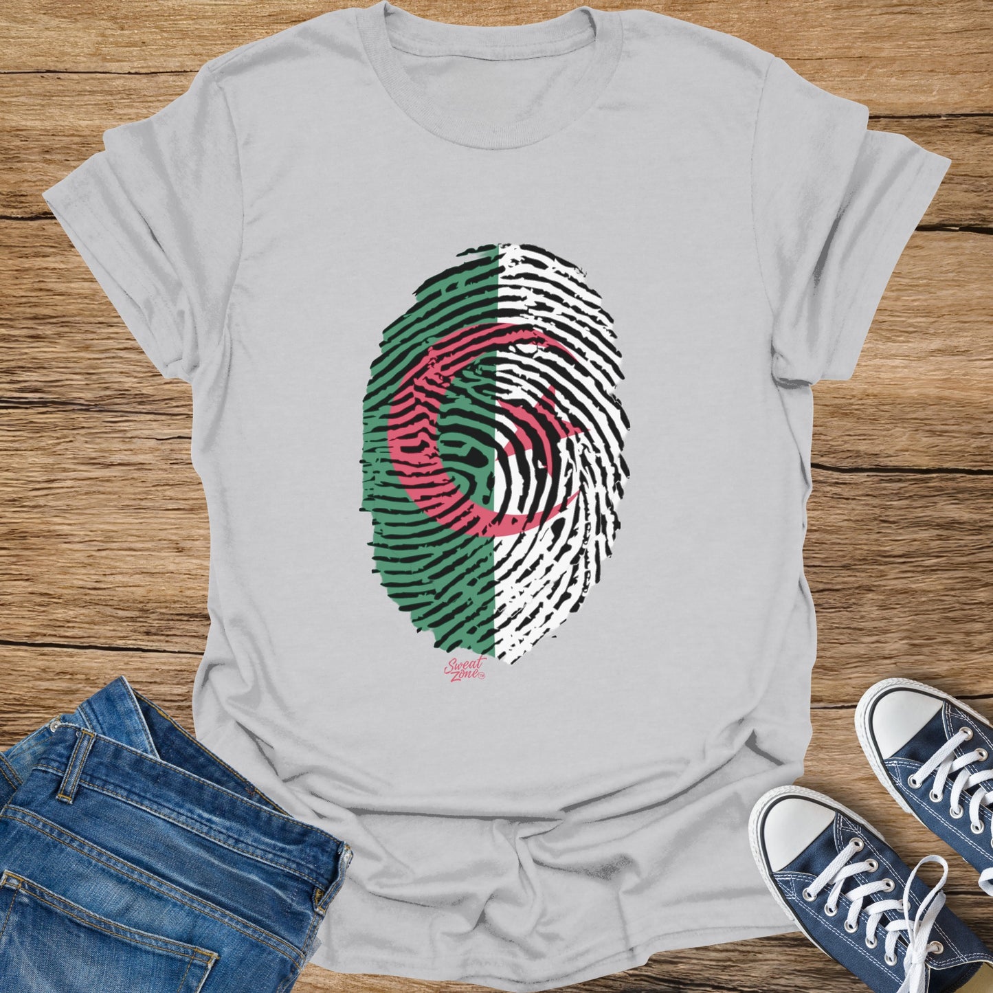T-shirt featuring an Algerian flag fingerprint graphic.