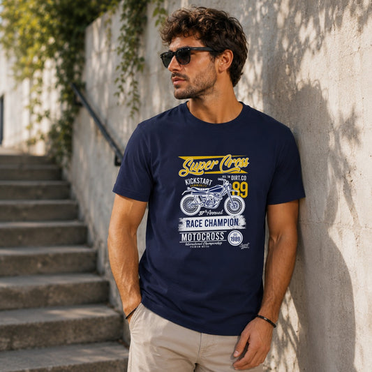 Navy t-shirt with Super Cross, Motocross, and vintage motorcycle graphic.