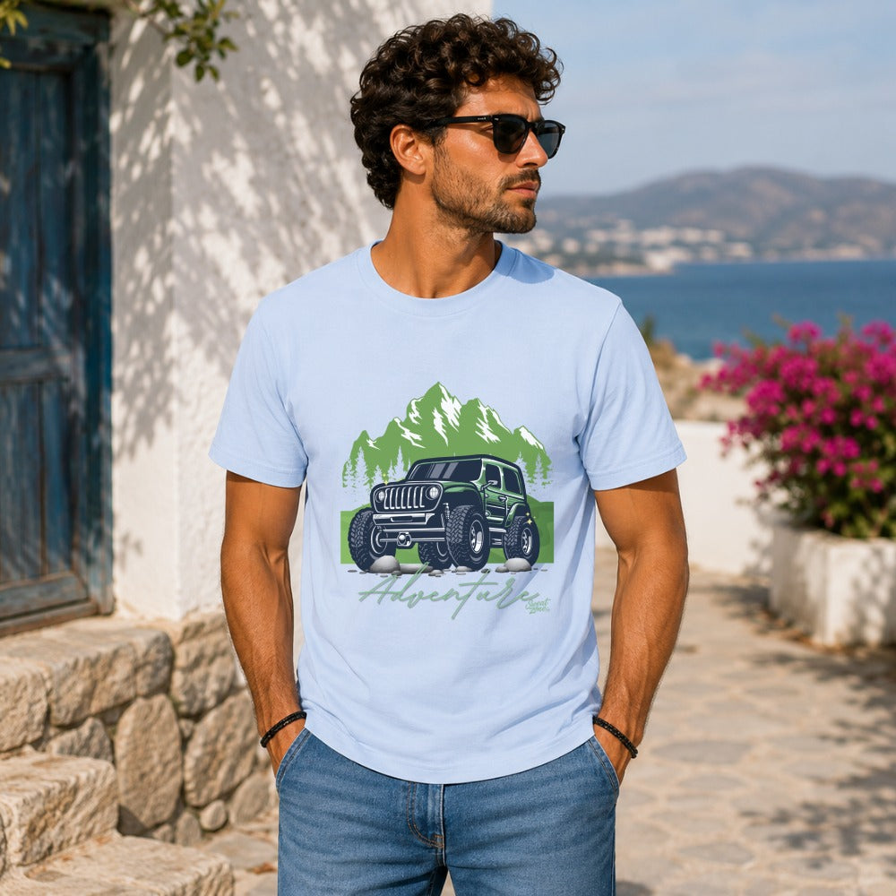 Light blue t-shirt with Jeep, mountains, and "Adventure" graphic