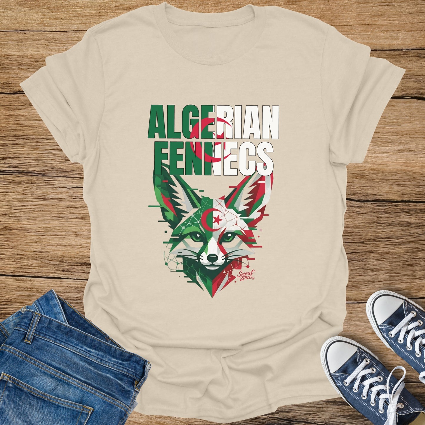 Cream t-shirt featuring Algerian fennec fox flag design and blue jeans.