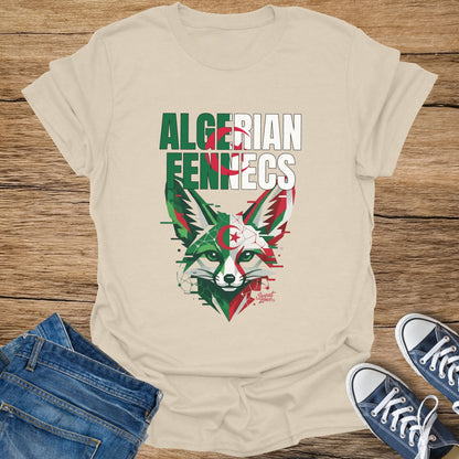 Cream t-shirt featuring Algerian fennec fox flag design and blue jeans.