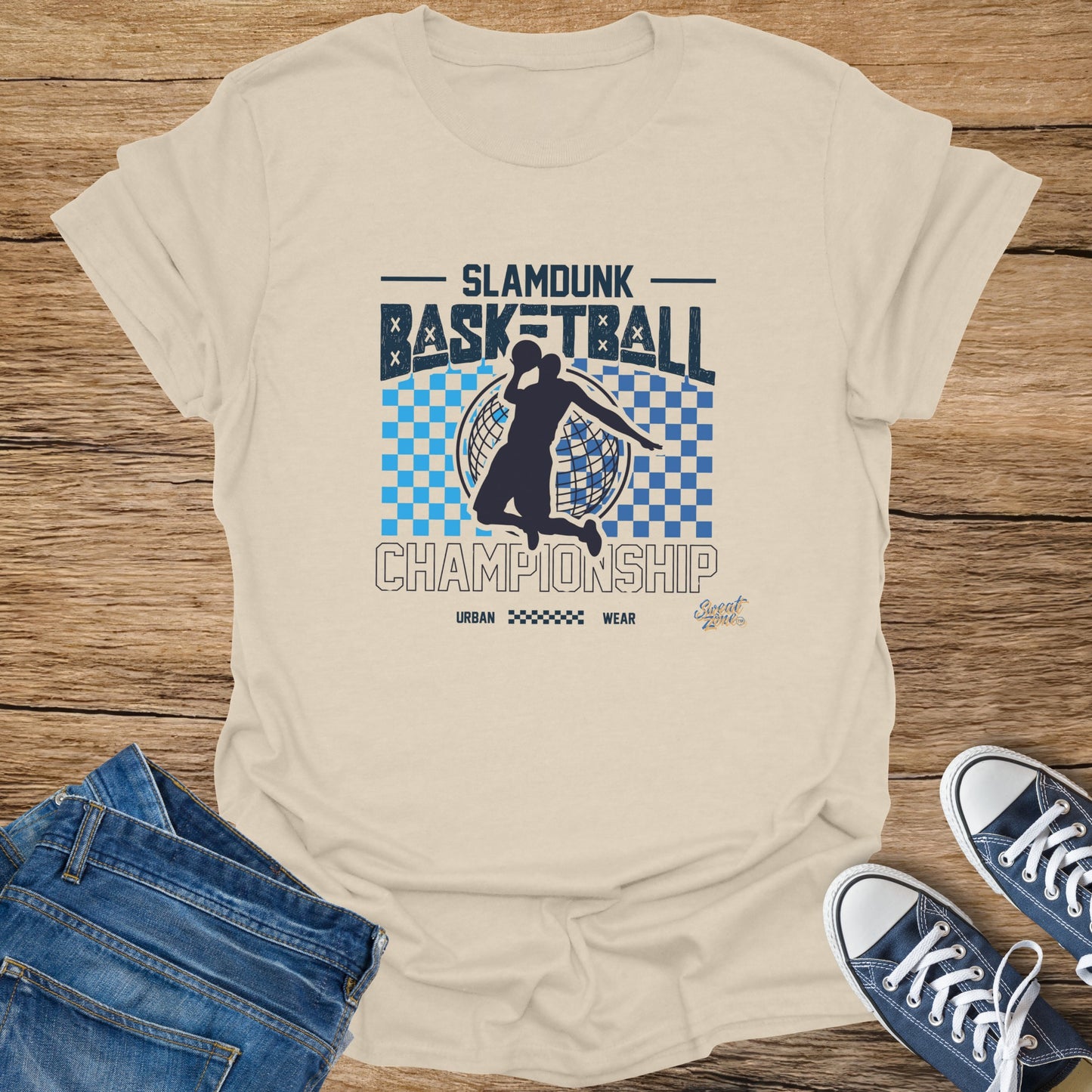 Light cream t-shirt with "Slam Dunk Basketball Championship" text and graphic.