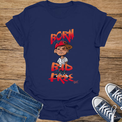 Navy t-shirt with cartoon illustration of a boy and text "BORN To Be A BAD And FREE".