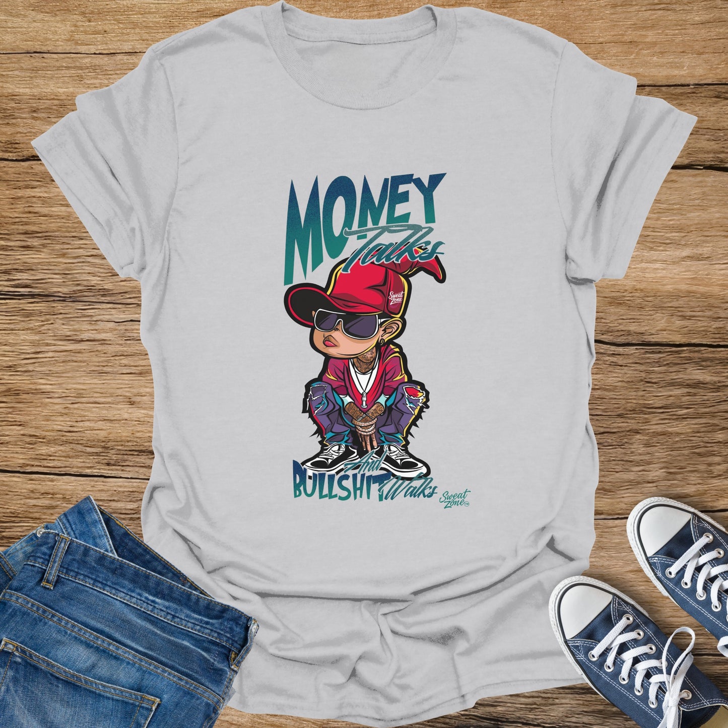 T-shirt with graphic of a cartoon character wearing a red hat and sunglasses, text says "Money Talks And Bullshit Walks".
