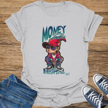 T-shirt with graphic of a cartoon character wearing a red hat and sunglasses, text says "Money Talks And Bullshit Walks".