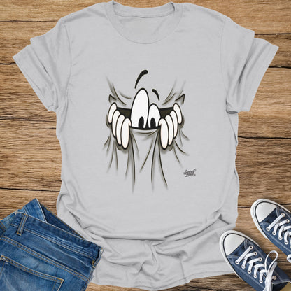 Light grey t-shirt with a cartoon ghost peeking through ripped fabric design.