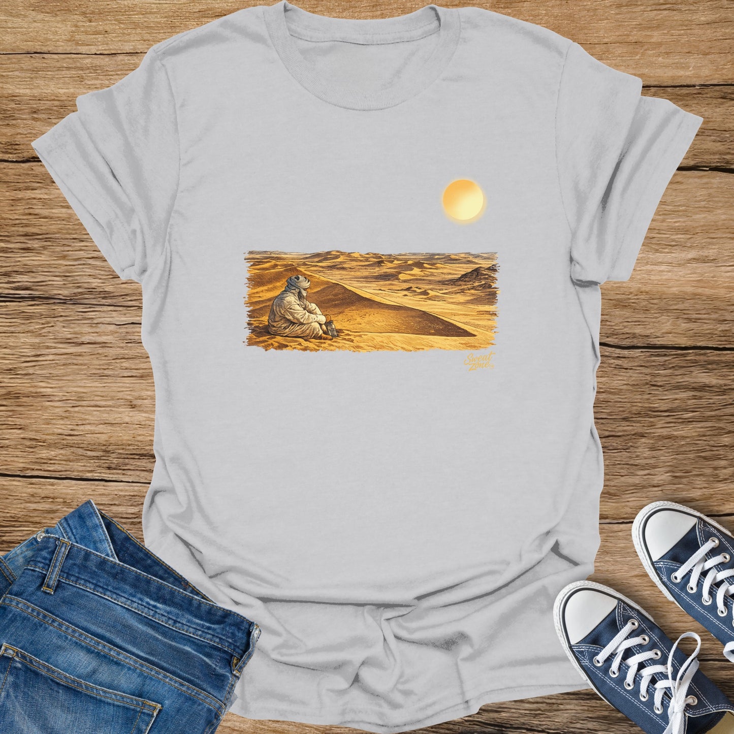 Astronaut sitting in desert landscape with sun and "Sweat Zone" text.