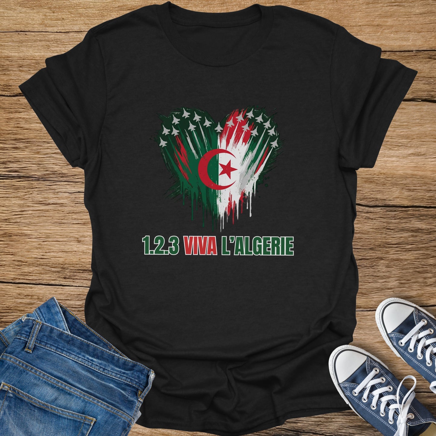Black t-shirt with heart-shaped Algerian flag and "1 2 3 VIVA L'ALGERIE".