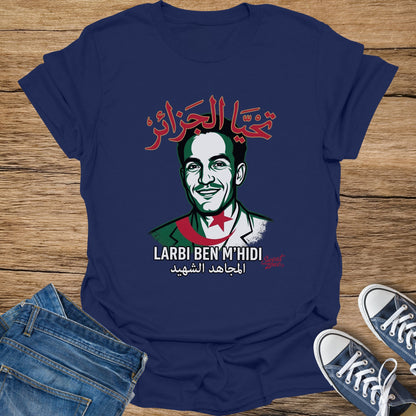 T-shirt with portrait of Larbi Ben M'hidi and Arabic text.