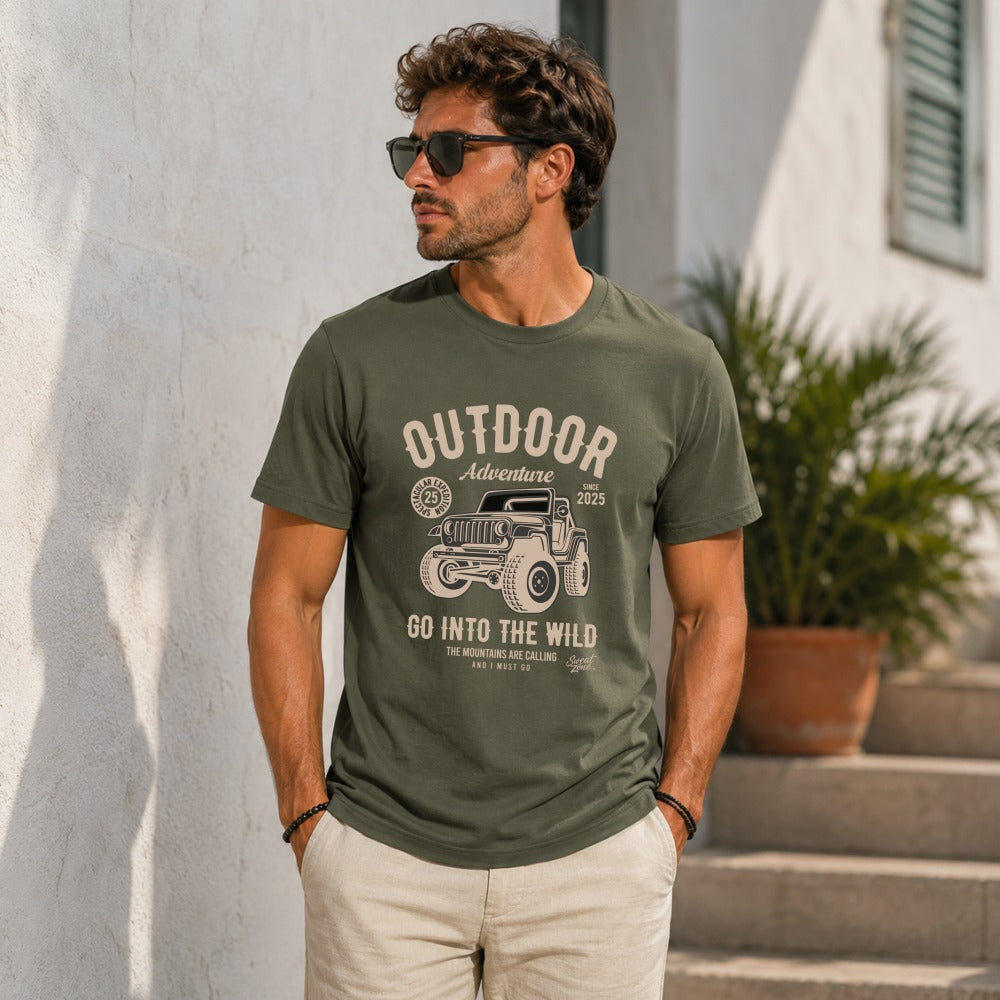 Green t-shirt with "Outdoor Adventure" graphic and a Jeep.