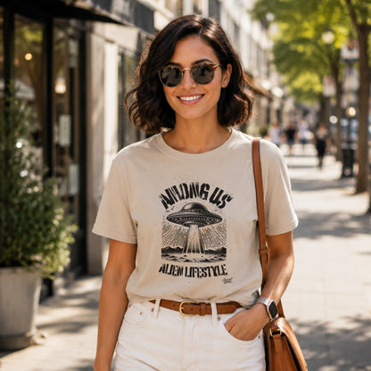 Beige t-shirt with "Among Us Alien Lifestyle" text and UFO graphic.