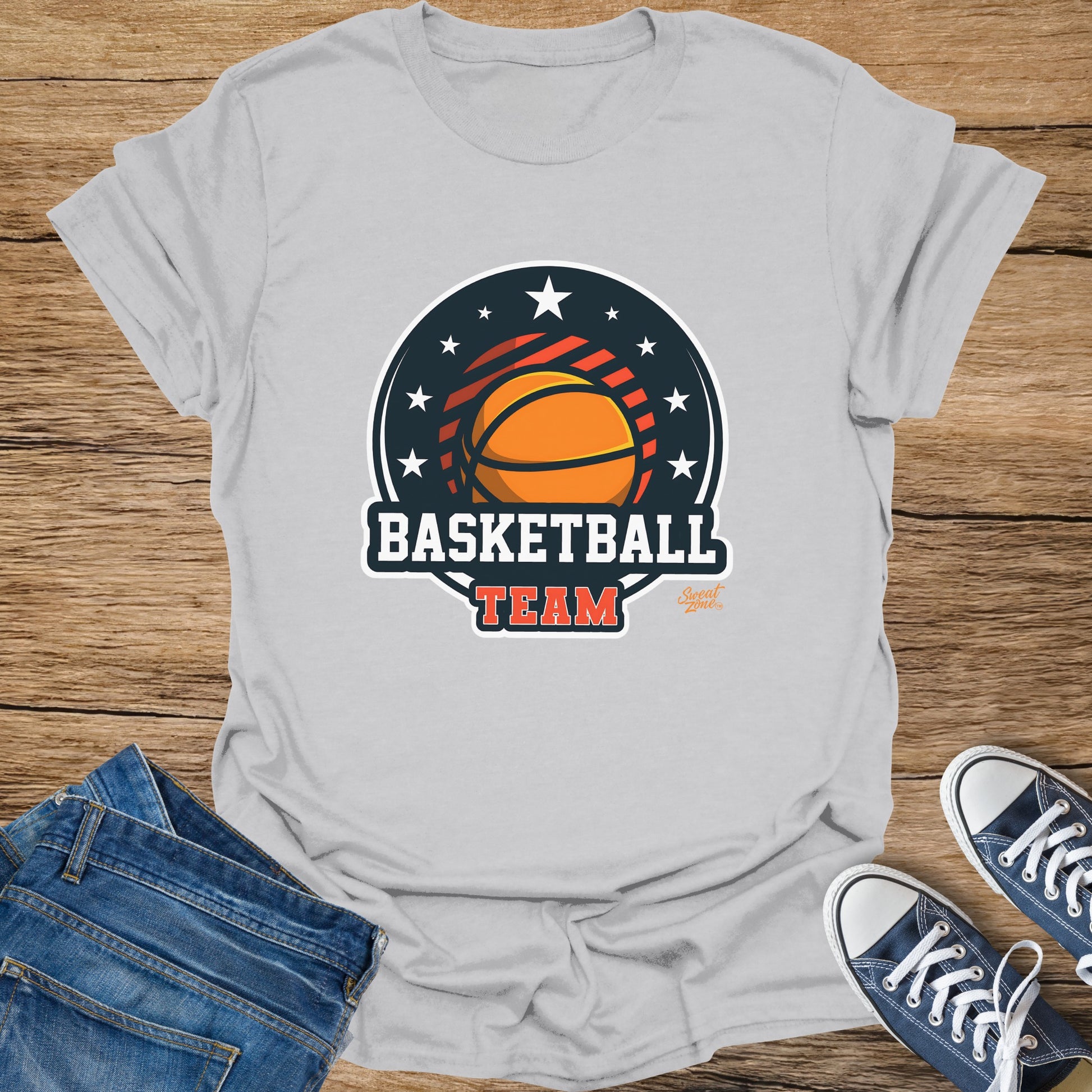 Light grey t-shirt with "Basketball Team" graphic and a small "Sweat Zone" logo.