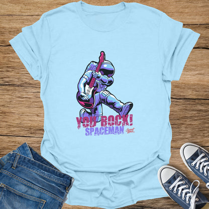 Light blue t-shirt with graphic of an astronaut playing guitar, text "YOU ROCK! SPACEMAN".